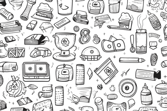 Seamless pattern on the theme of money and finance in a simple black and white doodle style isolated on white background. generative ai.