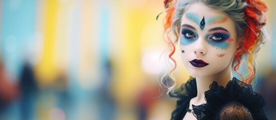 Colorful emotional children's show in elementary school with a beautiful little girl in Gothic costume and makeup.