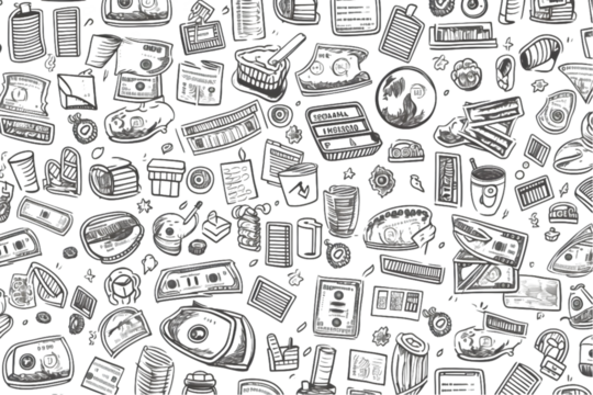 Seamless pattern on the theme of money and finance in a simple black and white doodle style isolated on white background. generative ai. - Powered by Adobe