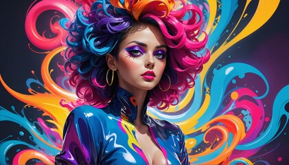 A woman with eccentric fashion and colorful hairstyle, stands confidently against a backdrop of swirling, neon colors. Vivid, abstract background.