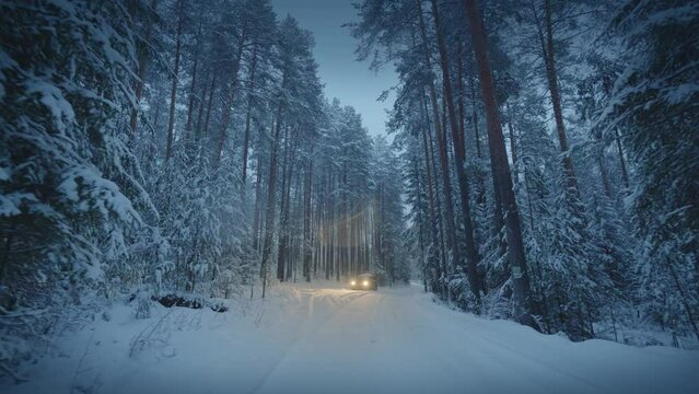 Winter forest in snow fall at dusk, walking along snowy road towards distant car with headlights turned on. 