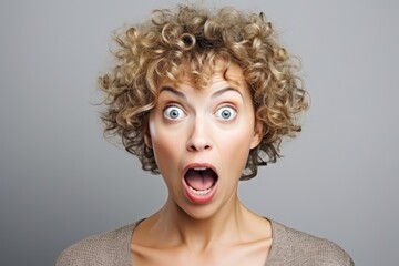 An russian female middle age adult with curly hair shocked expression