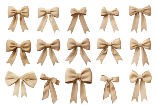 Set of beige canvas ribbons and a bows isolated on white background. generative ai.