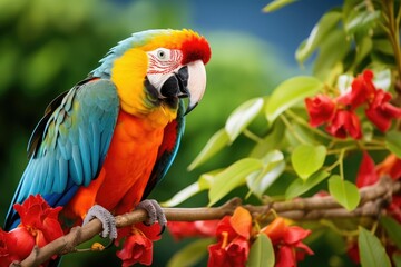 Highlight the curiosity and charm of a colorful parrot perched amidst tropical foliage