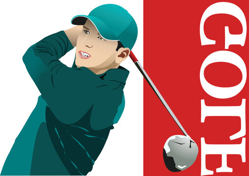 Golf club background with golfer man image. Vector 3d hand drawn illustration