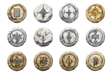 Set of realistic stone buttons and panels, with runes on them. generative ai.