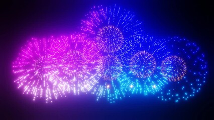4K long shot. real shining fireworks for celebration background. large golden glowing firework during new year's eve countdown festival in the sky display at night with colorfu