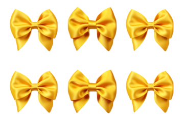 Set of satin decorative golden bows with horizontal yellow ribbon gold bow and gold ribbon. generative ai.