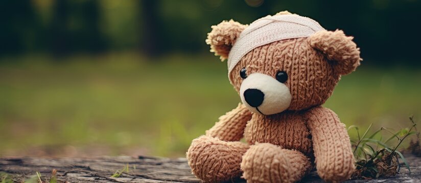 Hurt teddy bear with bandage on its head