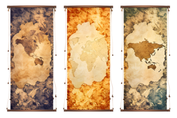 set of three vertical banners based on torn antique maps. generative ai.