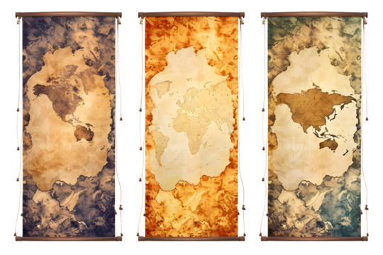 set of three vertical banners based on torn antique maps. generative ai.