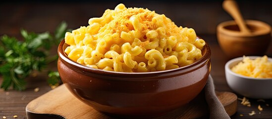 Creamy mac and cheese served in a homemade bowl.