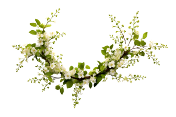 Spring twigs of spirea with small green leaves, flowers and buds in a floral arch arrangement isolated on white background. generative ai.
