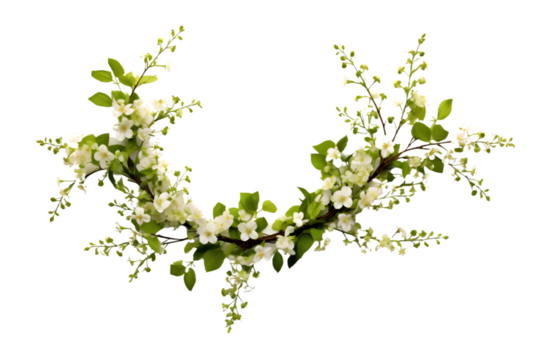 Spring twigs of spirea with small green leaves, flowers and buds in a floral arch arrangement isolated on white background. generative ai.