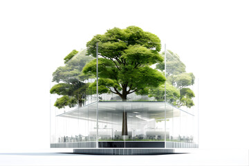 Sustainable glass office building with tree for reducing carbon dioxide. generative ai.