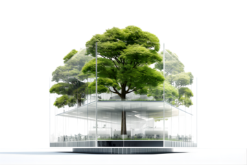 Sustainable glass office building with tree for reducing carbon dioxide. generative ai.