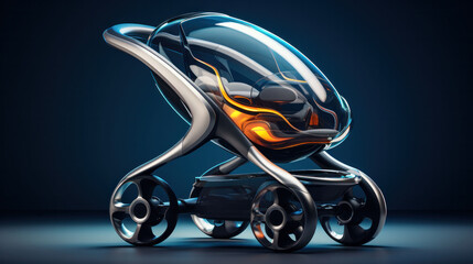 Sleek and modern capsule baby stroller concept with a glossy black finish, embodying the future of personal transportation. Aerodynamic curves enhance its cutting-edge appeal.