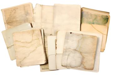 travel notes - grungy torn notebook pages on vintage maps. generative ai.