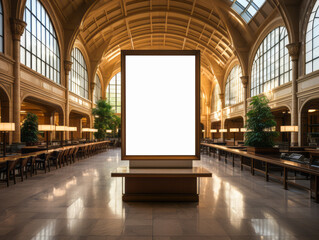 Elegant library setting with a large blank advertisement display. Education and marketing concept Generative AI