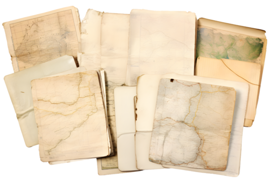 travel notes - grungy torn notebook pages on vintage maps. generative ai. - Powered by Adobe