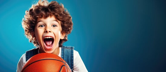 Excited schoolboy with basketball ball before PE class.
