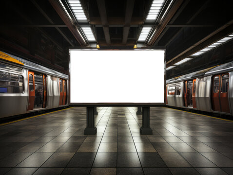 Underground train passing by a blank billboard in a subway station. Transit advertisement concept. Generative AI
