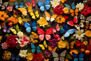 vibrant dance of colorful butterflies amidst a tapestry of blooming flowers