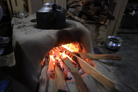 a traditional stove buring the fire in a Gurung village in Ghandruk town for keep warming. Gandaki Province of Nepal, is a point of Annapurna circuit trek and Poonhill trekking in Nepal 