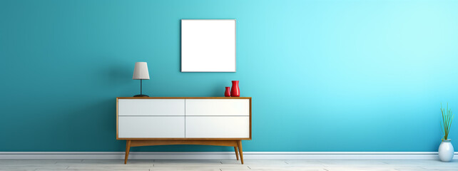 Vibrant blue wall interior with modern white cabinet and blank poster for mockup. Contemporary style. Generative AI - obrazy, fototapety, plakaty