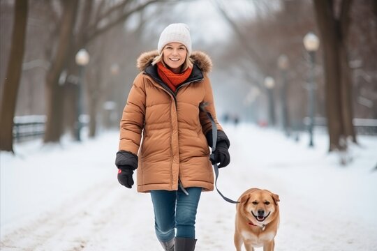 picture of happy woman with dog in winter clothes walking in city park