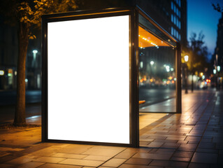 Nighttime cityscape with empty mockup billboard on a busy sidewalk. Illuminated, dynamic. Generative AI