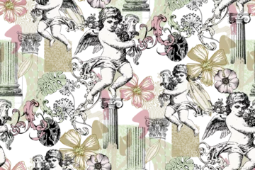 Fotobehang Seamless pattern. Cupids, columns and flowers. Vintage style. © Helen Trupak