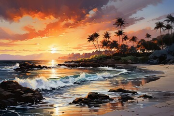 A dreamlike coastal masterpiece captures the tranquil embrace of an ocean sunset