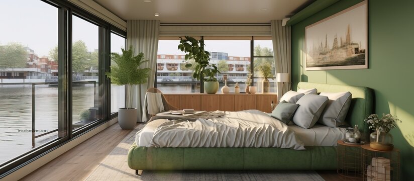 Stylish bedroom on houseboat with olive green interior