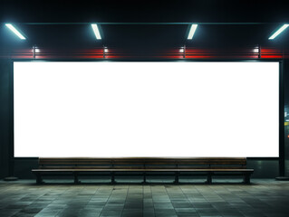Empty billboard at night bus stop with overhead lighting. Urban advertising and transport concept. Generative AI - obrazy, fototapety, plakaty