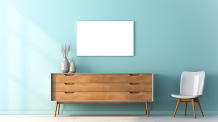 Contemporary teal wall with wooden chest and white decor. Generative AI