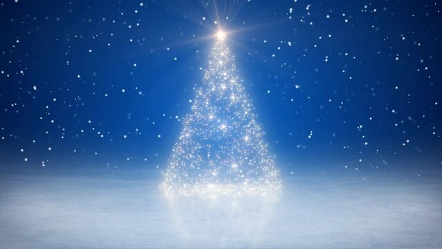 Video animated shiny Christmas tree with glitter effect on blue background. - Vacation concept - Abstract background.