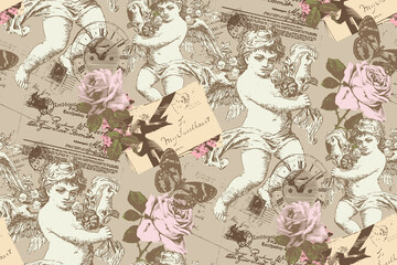 Seamless pattern. Cupids, letters and roses. Vintage style. - obrazy, fototapety, plakaty