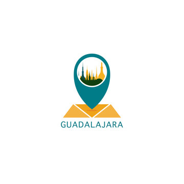 Guadalajara city map pin point geolocation modern skyline vector logo icon isolated illustration. Mexico pointer emblem with landmarks and building silhouettes