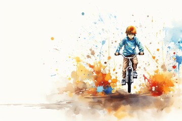 Watercolor painting of a kid riding a bicycle