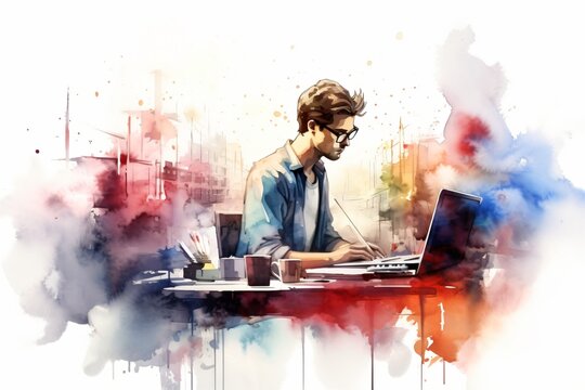 A watercolor painting illustration of a man working on his desk