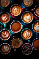 A row of espresso cups filled with freshly brewed shots of espresso
