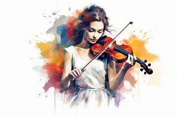 Watercolor illustration of a girl playing violin