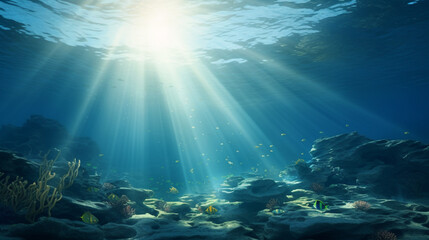 Under the sea scene with surface and sunrays reaching the seabed coral rock and fish - obrazy, fototapety, plakaty