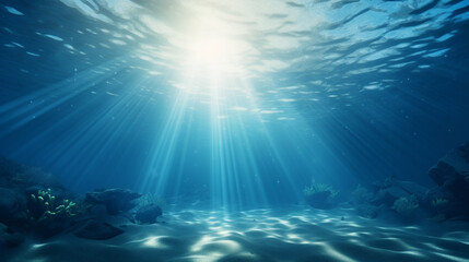 Fototapeta na wymiar Under the sea scene with surface and sunrays reaching the seabed