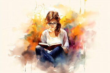 A watercolor painting illustration of a girl reading a book