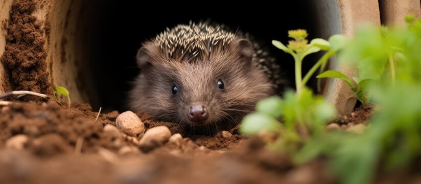 European Hedgehog in herb garden, inside clay drainage pipe with thyme and herbs, facing forward. Horizontal space for copy.