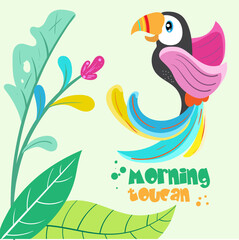 illustration of cute toucan on branch. Hand drawn childish character of toucan.Childish print for nursery. Design can be used for fashion t-shirt kids