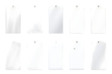 White fabric tags different shapes isolated on transparent background. Vector realistic mockup of blank cloth labels with stitches. generative ai.