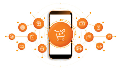 Online shopping digital technology in smartphones with icon on white background. digital fantastic. e-commerce online store marketing for advertising design. internet supermarket connect. vector.